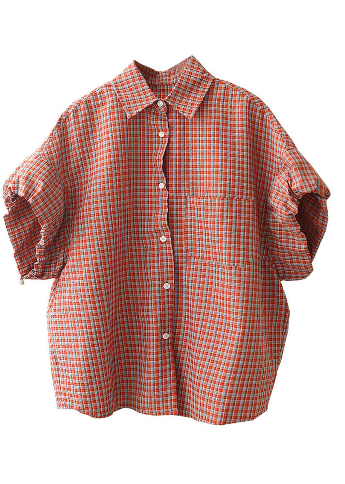 Women Red Peter Pan Collar Plaid Button Cotton Shirts Lantern Sleeve