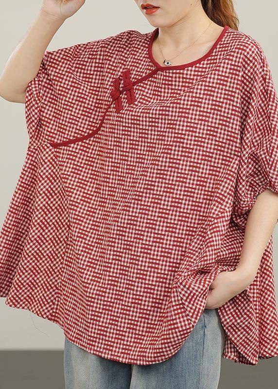 Women Red Plaid Batwing Sleeve Cotton Summer Blouses - SooLinen