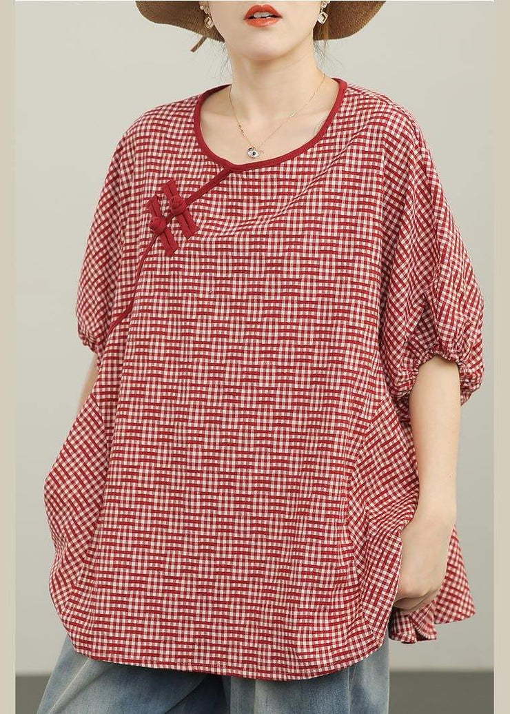 Women Red Plaid Batwing Sleeve Cotton Summer Blouses - SooLinen