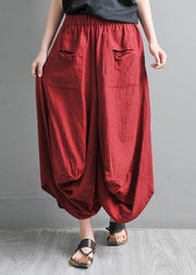 Women Red Pockets Cotton Linen Big crotch pants Summer Pants - SooLinen