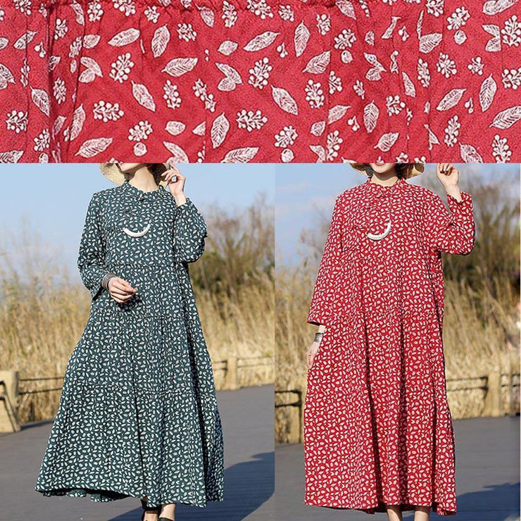 Women Red Print Clothes For Women Stand Collar Patchwork Dresses Spring Dresses - SooLinen