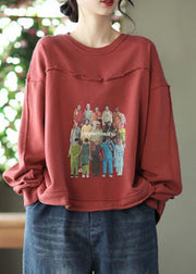 Women Red Print Cotton Loose Sweatshirts Top Spring