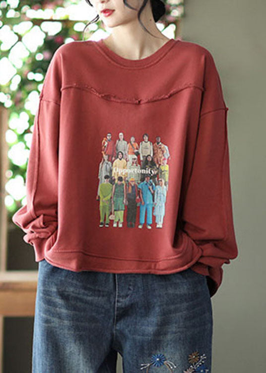 Women Red Print Cotton Loose Sweatshirts Top Spring