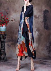 Women Red Print O-Neck Patchwork Silk Loose Long Dress Batwing Sleeve