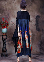 Women Red Print O-Neck Patchwork Silk Loose Long Dress Batwing Sleeve