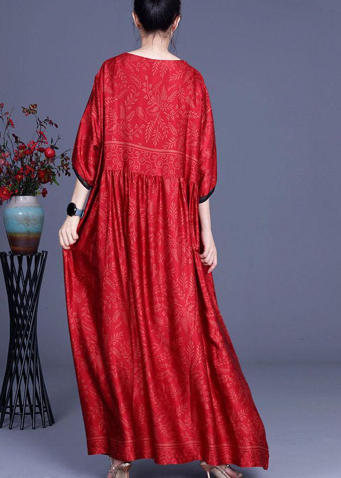 Women Red Print Silk Half Sleeve Summer Dresses - SooLinen