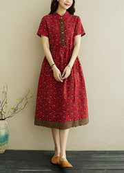 Women Red Print stand collar Robe Summer Cotton Dress - SooLinen