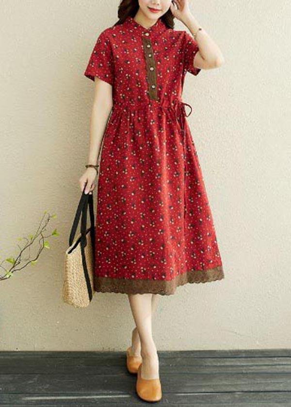 Women Red Print stand collar Robe Summer Cotton Dress - SooLinen