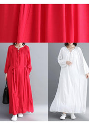 Women Red Quilting Dresses O Neck large hem Long Spring Dresses - SooLinen