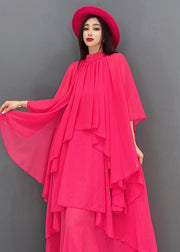 Women Red Stand Collar Asymmetrical Design Exra Large Hem Chiffon Beach Dress Short Sleeve