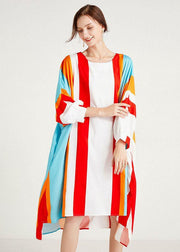 Women Red Striped O-Neck Asymmetrical Design Summer Long Dress Sleeve - SooLinen