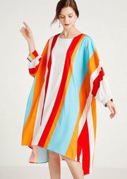 Women Red Striped O-Neck Asymmetrical Design Summer Long Dress Sleeve - SooLinen