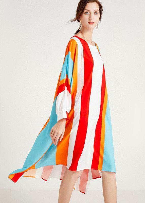 Women Red Striped O-Neck Asymmetrical Design Summer Long Dress Sleeve - SooLinen