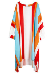 Women Red Striped O-Neck Asymmetrical Design Summer Long Dress Sleeve - SooLinen