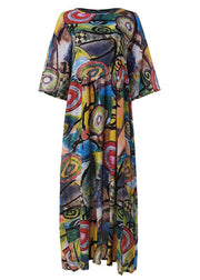 Women Retro Graffiti Print Round Neck Pleated Casual Maxi Dresses