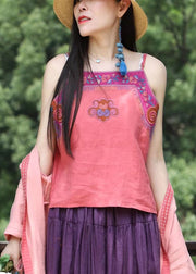 Women Rose red Embroideried Patchwork Linen Spaghetti Strap Top Summer