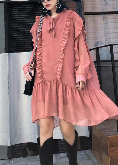 Women Ruffles long sleeve spring pink Dress - SooLinen