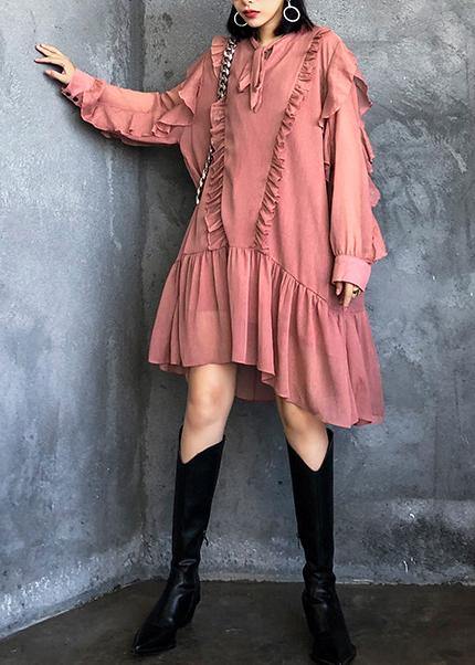 Women Ruffles long sleeve spring pink Dress - SooLinen