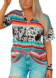 Women Sky Blue V Neck Patchwork Leopard Striped Print Tank Tops Short Sleeve