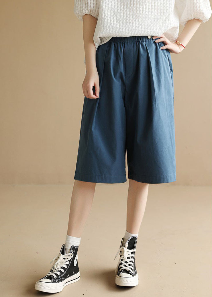 Women Solid Blue Elastic Waist Pockets Cotton Shorts Summer