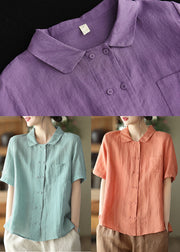 Women Solid Light Blue Double Breast Linen Shirt Tops Short Sleeve