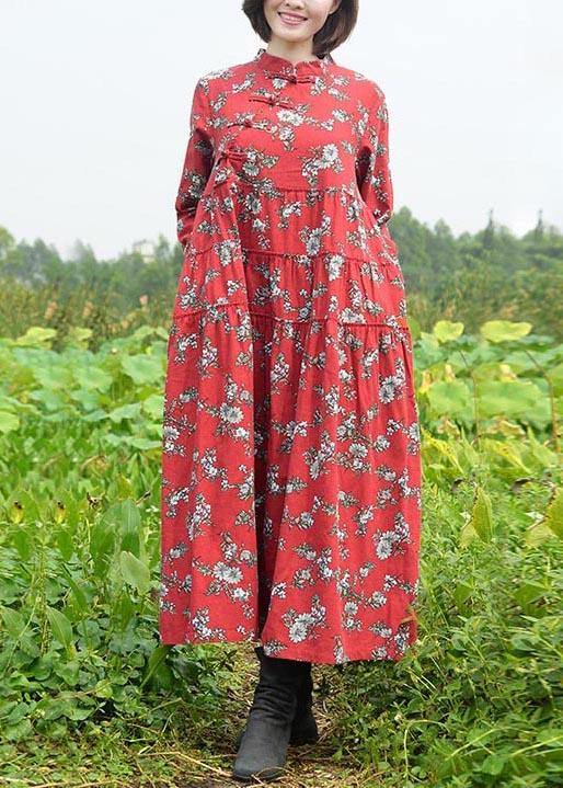 Women Stand Collar large hem Spring Clothes Red Print Long Dresses - SooLinen