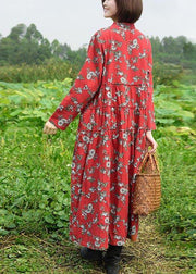 Women Stand Collar large hem Spring Clothes Red Print Long Dresses - SooLinen