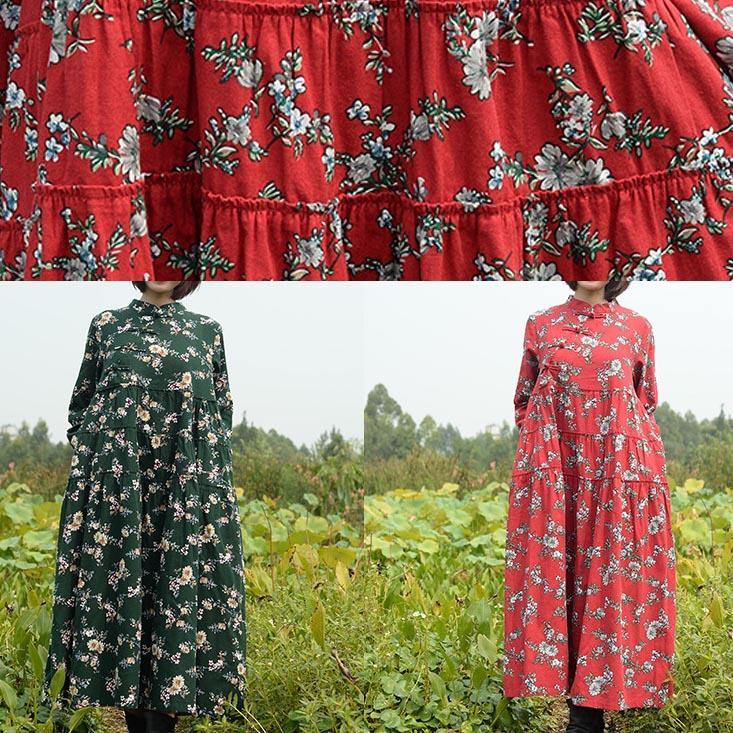 Women Stand Collar large hem Spring Clothes Red Print Long Dresses - SooLinen