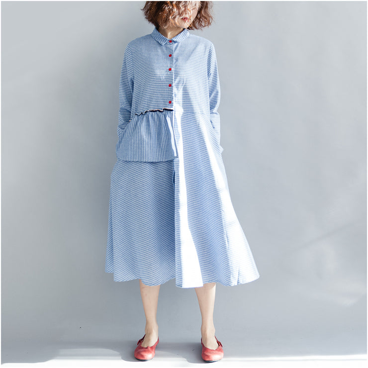 Women Striped Cotton Linen Dresses New 2024 Spring Loose Patchwork Ruffles Turn-down Collar Long Dresses