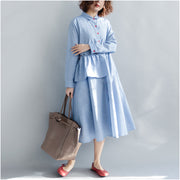 Women Striped Cotton Linen Dresses New 2024 Spring Loose Patchwork Ruffles Turn-down Collar Long Dresses