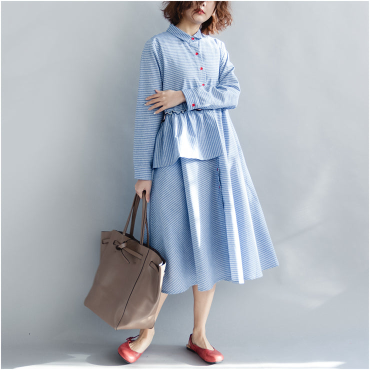 Women Striped Cotton Linen Dresses New 2024 Spring Loose Patchwork Ruffles Turn-down Collar Long Dresses