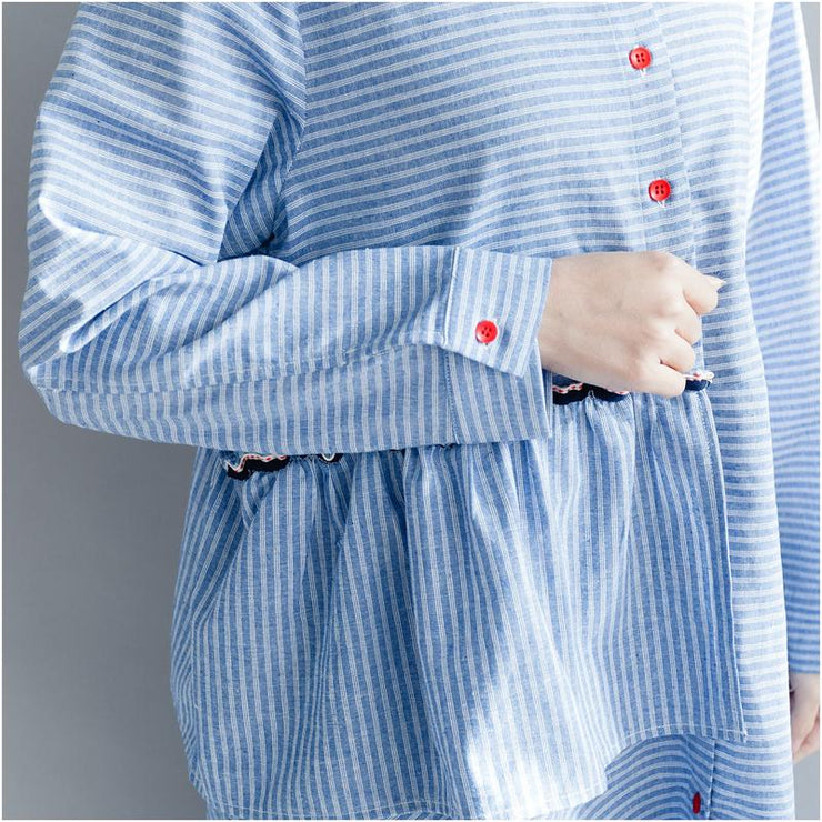 Women Striped Cotton Linen Dresses New 2024 Spring Loose Patchwork Ruffles Turn-down Collar Long Dresses