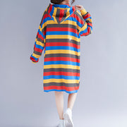 Women Striped Hooded Dresses Female Casual Loose Pullover Dress