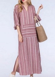 Women Striped V Neck Long Sleeve Casual Loose Maxi Dress