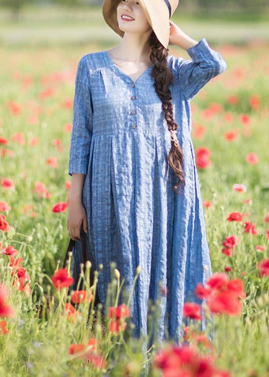 Women Summer Dress Design Blue Striped Dresses - SooLinen