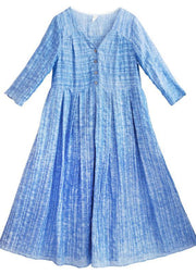 Women Summer Dress Design Blue Striped Dresses - SooLinen