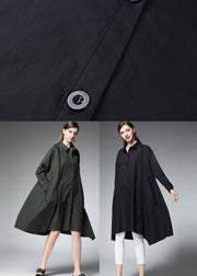 Women Tea Green PeterPan Collar Button Patchwork Fall Cotton Long Shirt - SooLinen