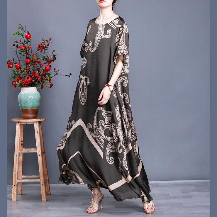 Women Tea Green Print Loose Silk Dress Summer - SooLinen