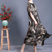 Women Tea Green Print Loose Silk Dress Summer - SooLinen