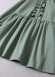 Women Tea Green Ruffled Button Cotton Dress Long Sleeve