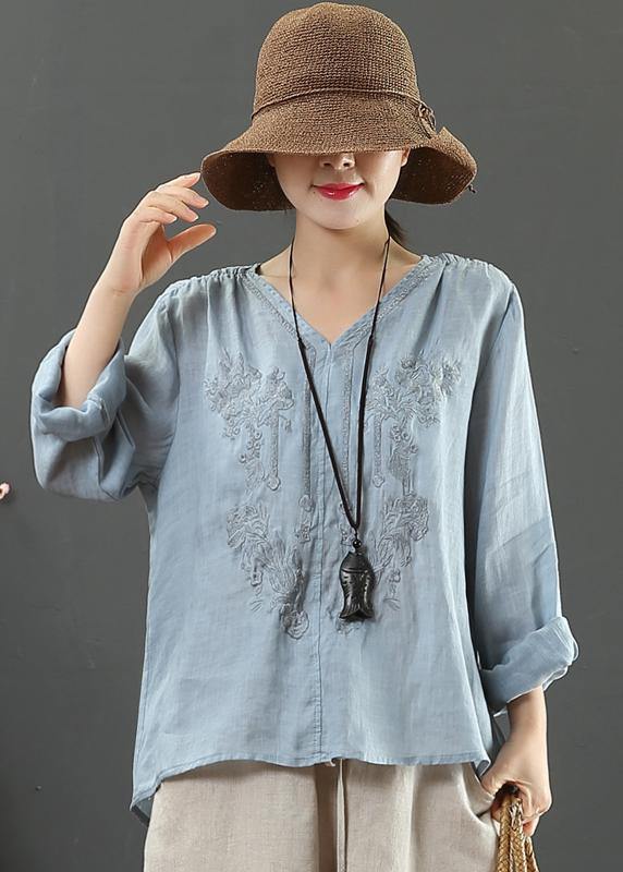 Women V Neck Spring Tunic Pattern Work Blue Embroidery Blouses - SooLinen