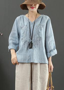 Women V Neck Spring Tunic Pattern Work Blue Embroidery Blouses - SooLinen