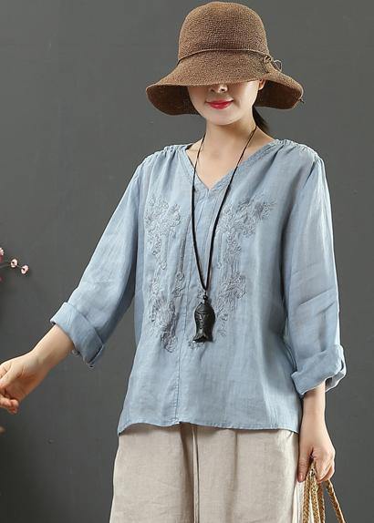 Women V Neck Spring Tunic Pattern Work Blue Embroidery Blouses - SooLinen