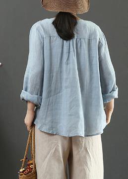 Women V Neck Spring Tunic Pattern Work Blue Embroidery Blouses - SooLinen