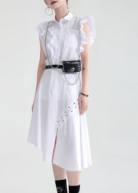 Women White Asymmetrical Design Pockets Blouse Top - SooLinen