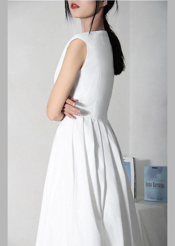 Women White Cinched Sleeveless Holiday Summer Cotton Dress - SooLinen