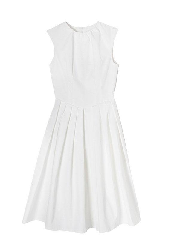 Women White Cinched Sleeveless Holiday Summer Cotton Dress - SooLinen