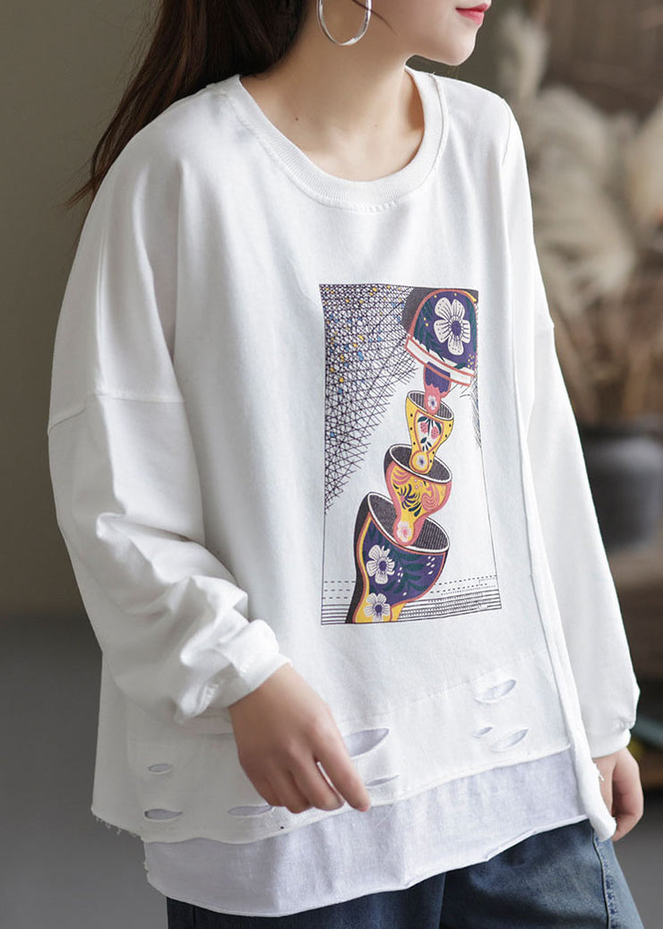 Women White O-Neck hole Print Cotton Pullover Sweatshirt Long Sleeve