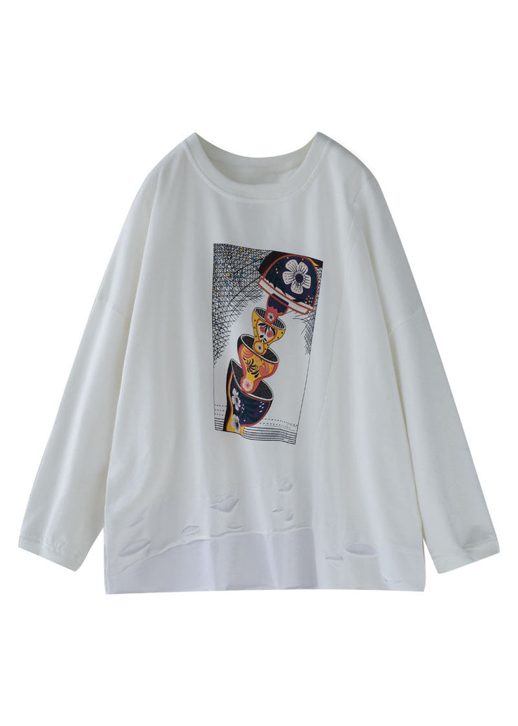 Women White O-Neck hole Print Cotton Pullover Sweatshirt Long Sleeve