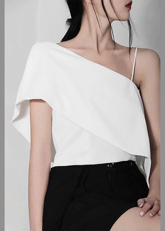 Women White One Shoulder Chiffon Tank Summer - SooLinen